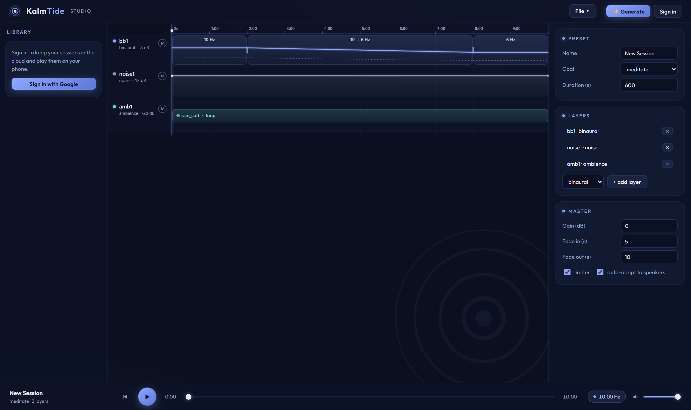 The KalmTide Studio: a multi-track timeline editor with binaural, noise and ambience layers